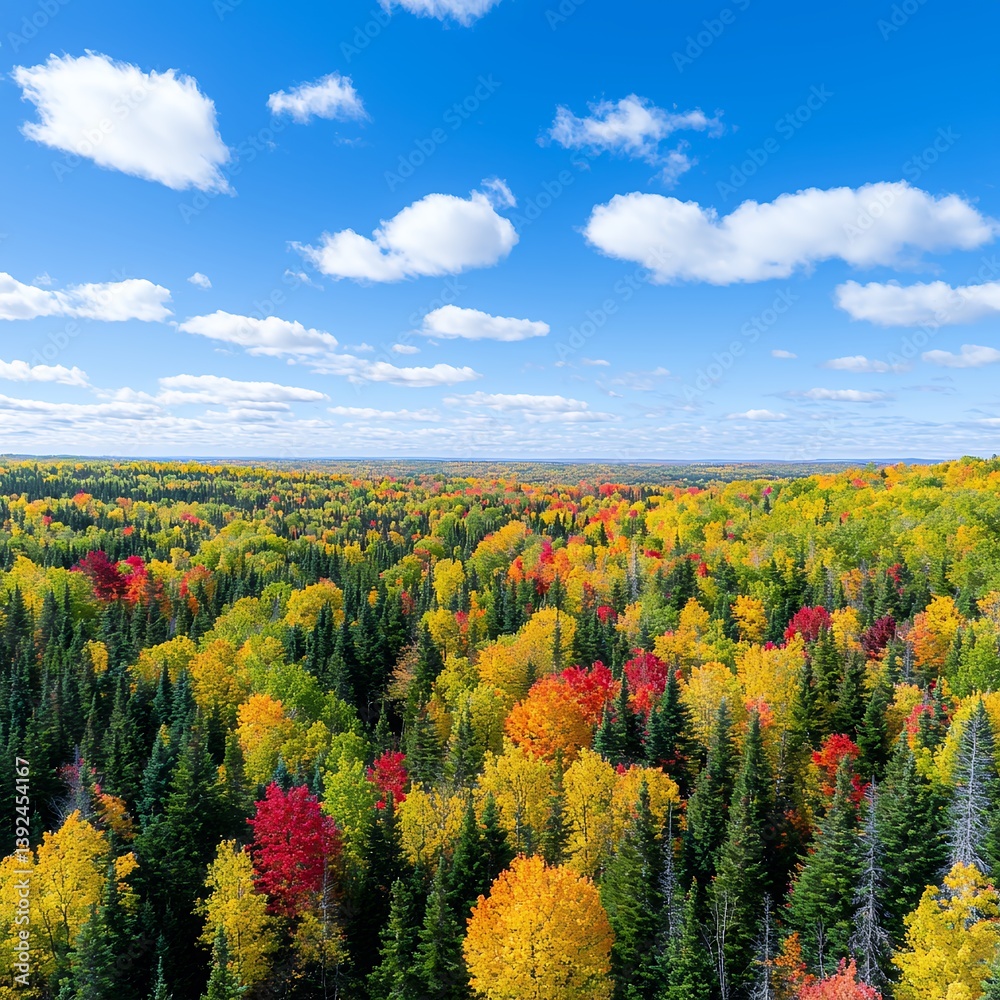 Obraz premium Aerial View of Vibrant Autumn Forest Under Blue Sky