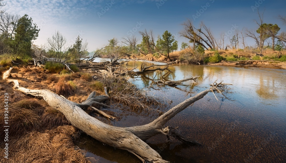 fallen trees along a riverbank scene with flowing water and sparse vegetation fallen trees along a riverbank scene with flowing water and sparse vegetation