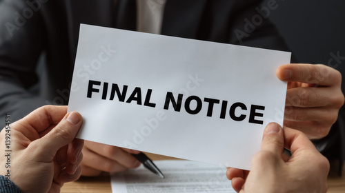 Close up of hands holding final notice letter, symbolizing urgency and financial stress