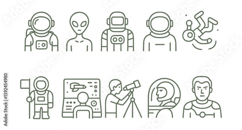 Space exploration icons set in linear style: astronauts, aliens, telescopes, and more
