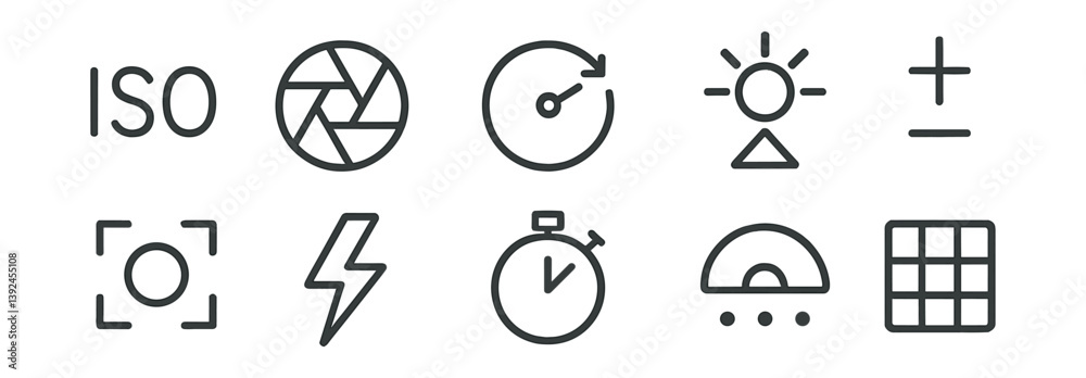 Linear photography icons set: iso, shutter, timer, flash, grid and more Linear photography icons set: iso, shutter, timer, flash, grid and more