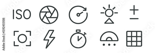 Linear photography icons set: iso, shutter, timer, flash, grid and more