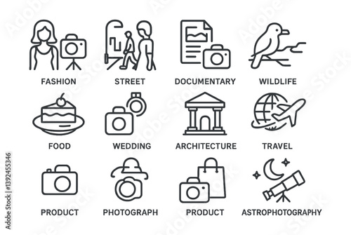 Photography icon set: diverse styles and themes in linear design for creative projects