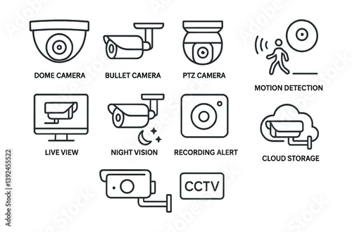 Comprehensive security camera icons set: surveillance, detection, and storage in linear style