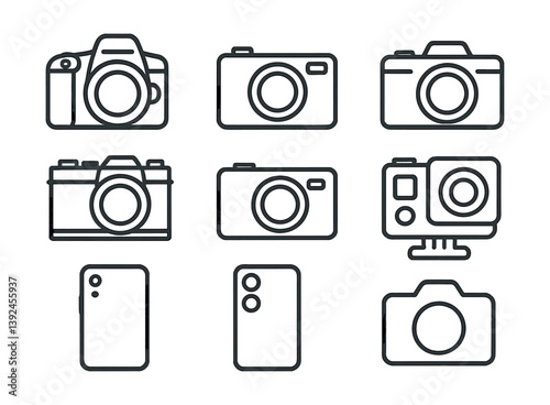 Minimalist camera icon set: linear style for photography and media projects