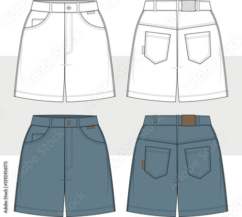 Unisex Denim Shorts relax fit fashion flat technical drawing template, illustration, vector. High waist denim short. Front and back view. Women, men, unisex. CAD, mockup.