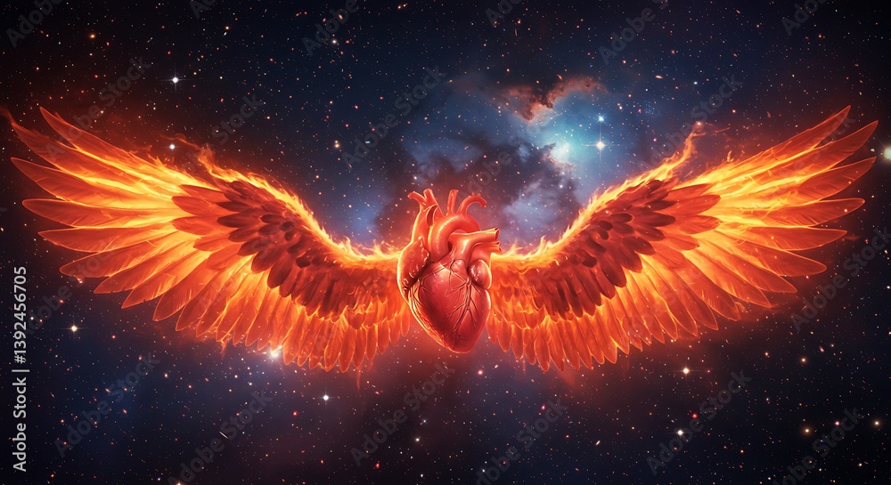 Fiery Heart with Cosmic Wings: A Digital Painting of Celestial Anatomy AI Generated