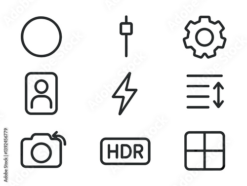 Essential photography icon set in linear style for photo editing and digital design
