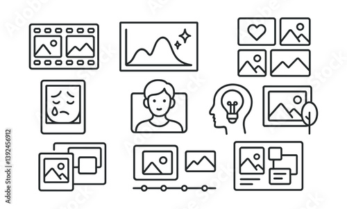 Linear photo and video editing icons set for creative projects