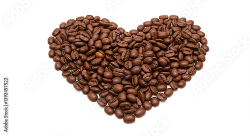 Coffee beans arranged into a heart shape on a white surface. Brown roasted beans placed together to form the heart shape. Concept of love for coffee or passion for drink.