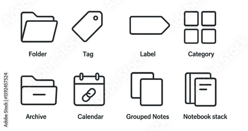 Essential office organization icons set: modern linear style collection for productivity