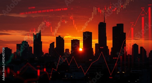 Digital indicators and declining graphs of a market crash superimpose over a contemporary scene. Concept of a market crash in double exposure.
