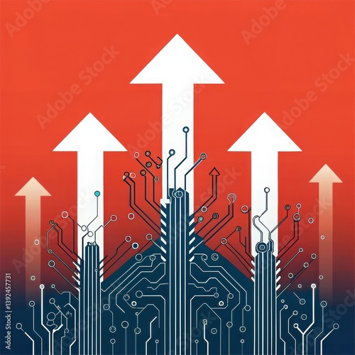 Hand drawing dynamic growth, featuring circuit patterns and upward arrows, symbolizing innovation and technological advancement, clean background. Copy space, 300 dpi commercial use