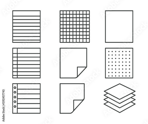 Set of 9 linear paper icons representing various notebook and document styles