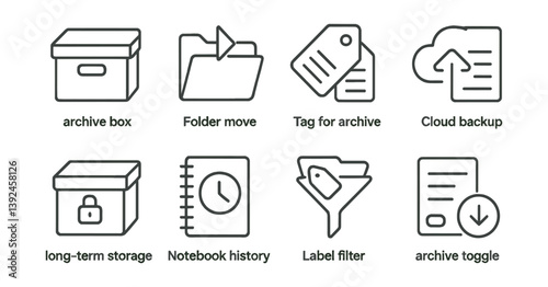 Essential archive and storage icons set: linear design for organization and management