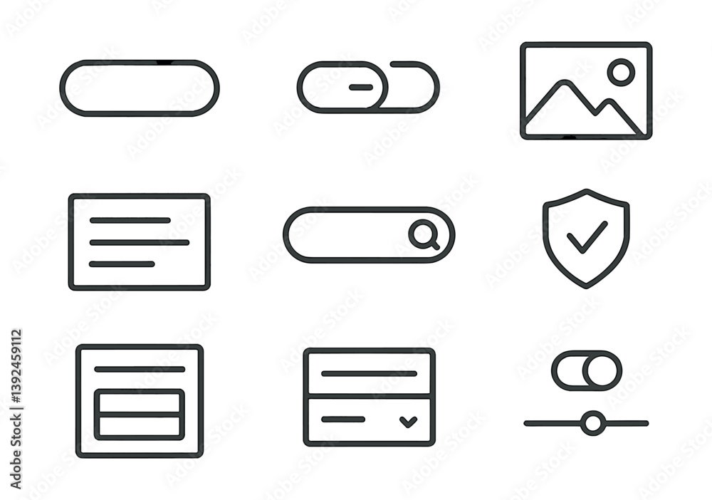 Linear ui elements icon set – buttons, sliders, search, and more for web design Linear ui elements icon set – buttons, sliders, search, and more for web design