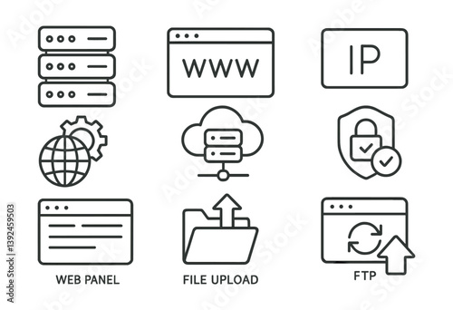 Comprehensive web hosting icons set: internet, security, cloud, server, and more