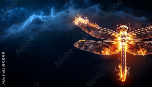 Artistic closeup portrait of a dragonfly on fire, trailing flames across the night sky, insect in flames, macro, copy space.