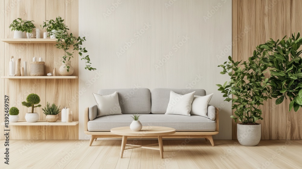 Bright, minimalist living room with a gray sofa, wooden shelving, and abundant greenery. Warm, inviting, and modern aesthetic
