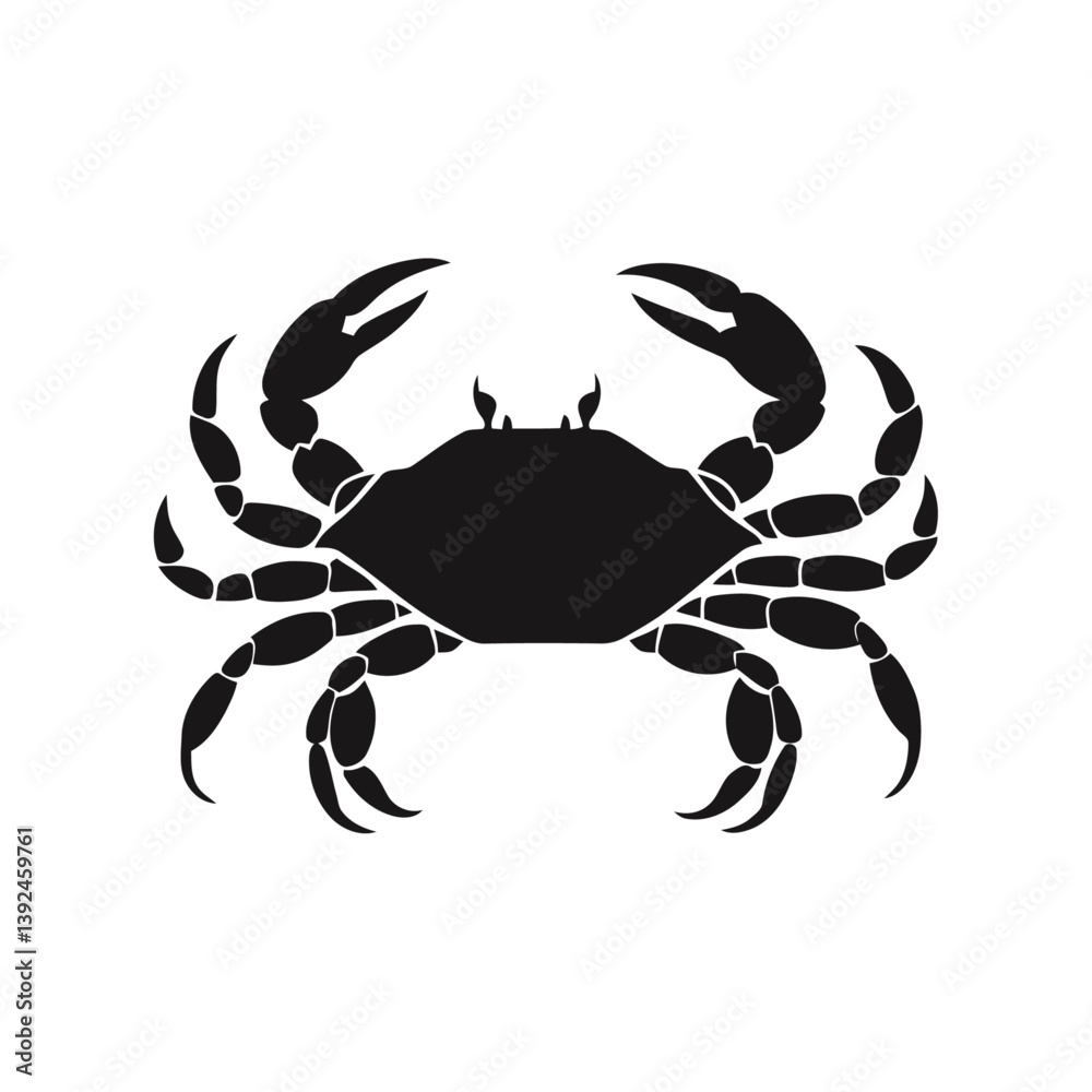 A black and white vector silhouette of a side-view crab walking with legs extended and claws open on a white background