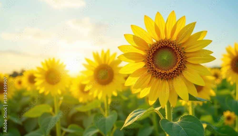 Large sunflower in field with leaves and stems, showcasing the golden section in its petals , flower, flowers Large sunflower in field with leaves and stems, showcasing the golden section in its petals , flower, flowers