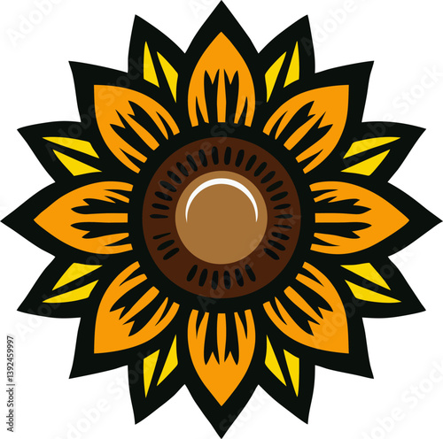 Vibrant Sunflower with Warm Tones, This lively sunflower design features a mix of warm orange and yellow petals with sharp black outlines. The center of the flower is a rich brown