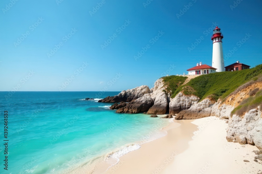 Lighthouse standing alone on a rocky outcrop overlooking crystal clear turquoise waters and white sandy beaches in the foreground , ocean, sea Lighthouse standing alone on a rocky outcrop overlooking crystal clear turquoise waters and white sandy beaches in the foreground , ocean, sea