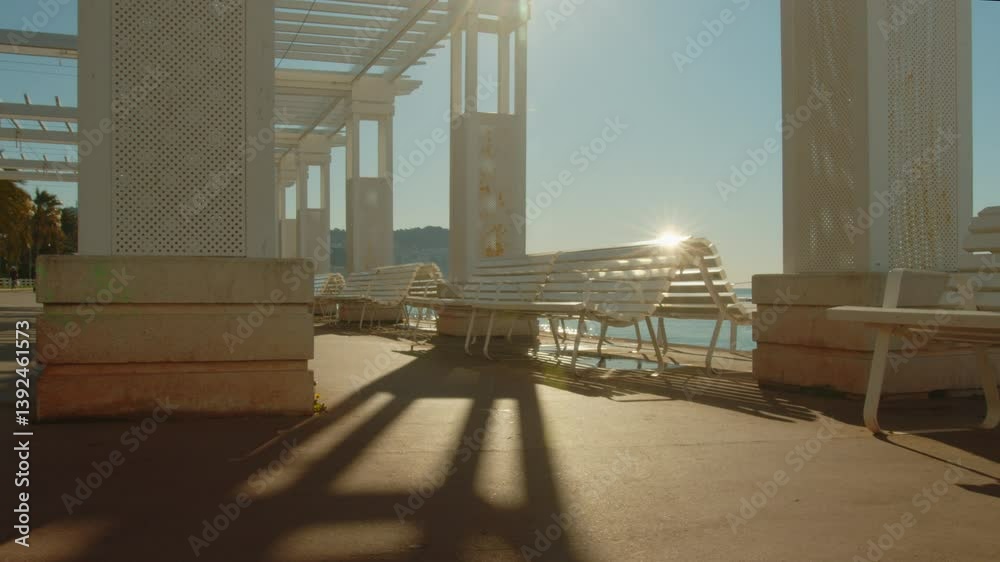 4K French Riviera pergola benches on the promenade des Anglais in Nice