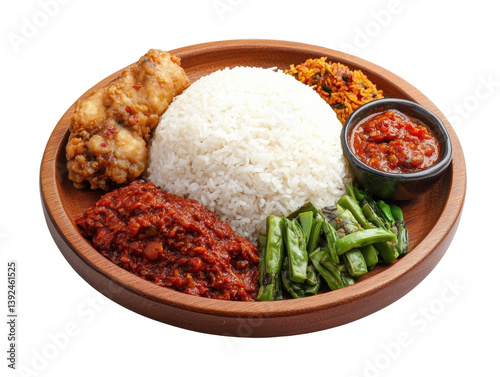 Delicious Nigerian cuisine featuring rice, vegetables, and meat dish, cut out photo