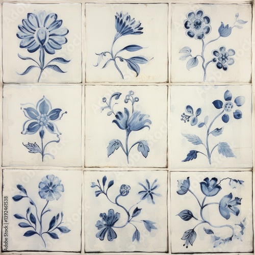 Set of square ceramic tiles features stylized blue flowers and leaves with decorative corner ornaments, creating a classic and elegant pattern
