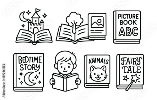Children's storybook icons set - linear style with fairy tales, picture books, and more