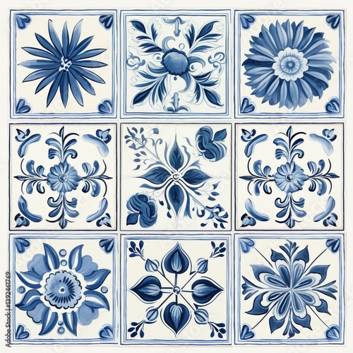 Set of square ceramic tiles features stylized blue flowers and leaves with decorative corner ornaments, creating a classic and elegant pattern