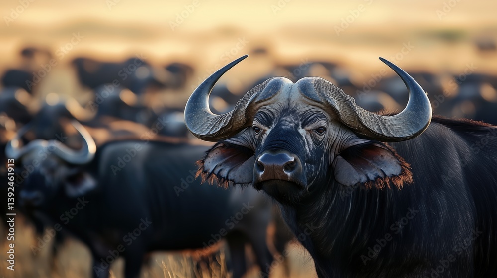 Naklejka premium African buffalo herd grazing in golden grasslands during sunset near a waterhole in the savanna