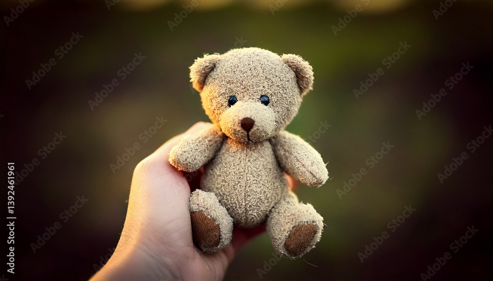 Close-up of a child’s hand holding a teddy bear, symbolizing sadness, loneliness and lost childhood, soft dramatic light, emotional concept for World Day Against Child Labour Close-up of a child’s hand holding a teddy bear, symbolizing sadness, loneliness and lost childhood, soft dramatic light, emotional concept for World Day Against Child Labour