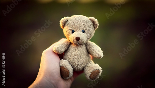 Close-up of a child’s hand holding a teddy bear, symbolizing sadness, loneliness and lost childhood, soft dramatic light, emotional concept for World Day Against Child Labour