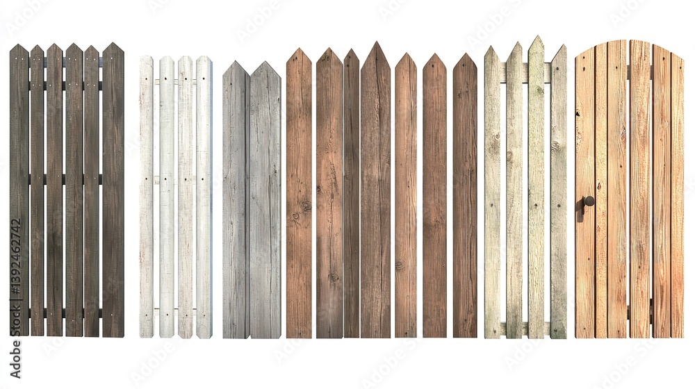 Obraz premium Wooden Fence Panels in Various Styles on White Isolated Background