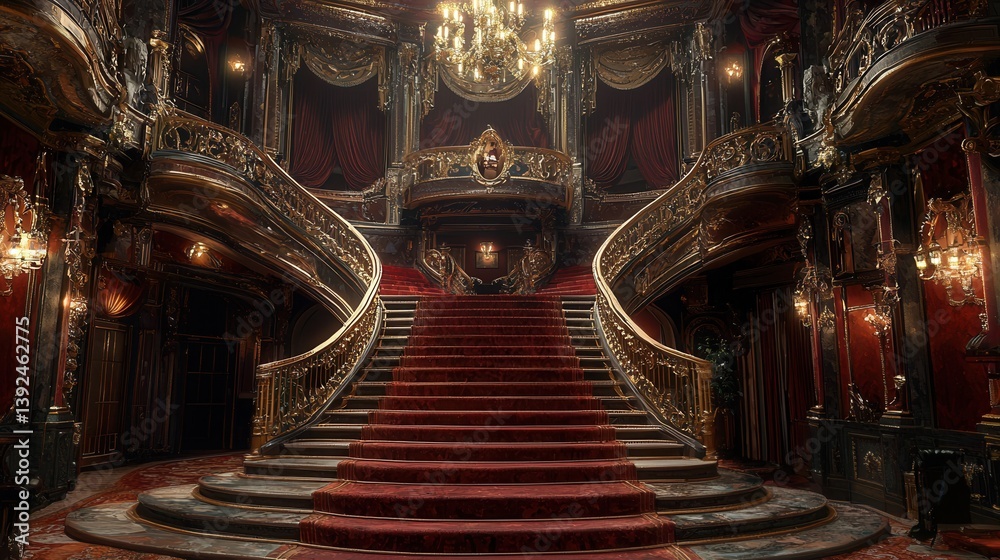 Obraz premium grand staircase in an antique theater, velvet carpets, brass railings, chandeliers above, faded glamour and dramatic mood