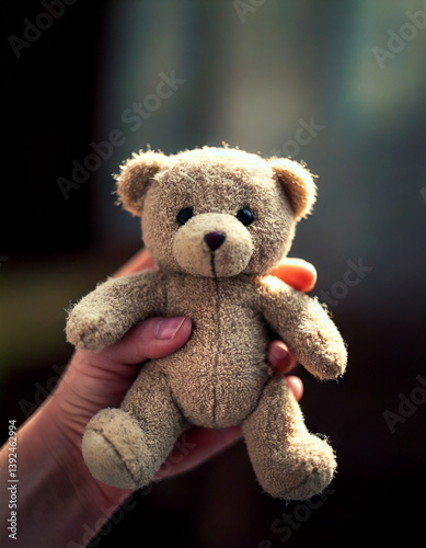 Close-up of a child’s hand holding a teddy bear, symbolizing sadness, loneliness and lost childhood, soft dramatic light, emotional concept for World Day Against Child Labour