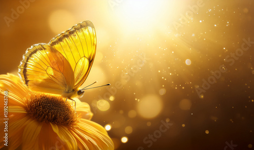 Golden yellow butterfly sits on an open flower in the sunlight, insect in nature, beauty of butterflies, macro.