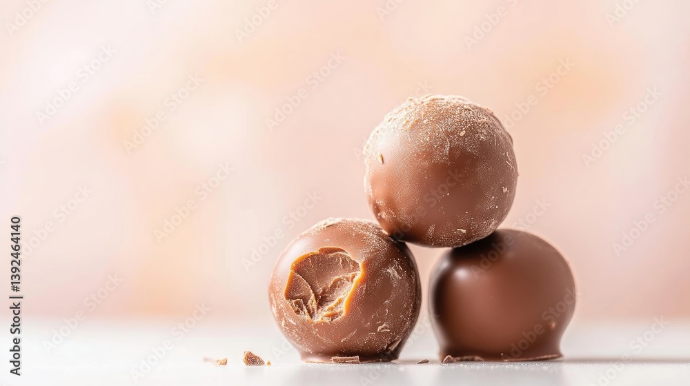 Fototapeta premium Delicate chocolate truffles stacked on a white surface