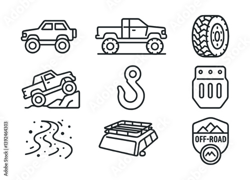Off-road vehicle icon set: 9 linear designs for adventure enthusiasts
