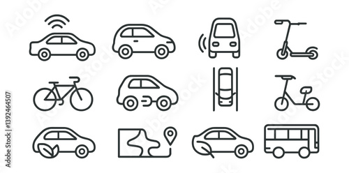 Urban mobility linear icons set: cars, bikes, scooters, and navigation in city transport
