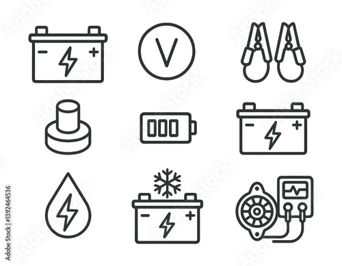 Essential automobile battery linear icons set for mechanics and car enthusiasts