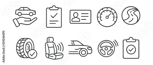 Comprehensive linear icon set for vehicle inspection and safety essentials