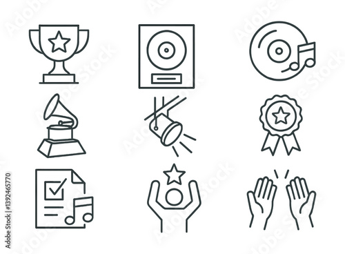 Music awards icon set: linear style with trophies, records, and recognition symbols