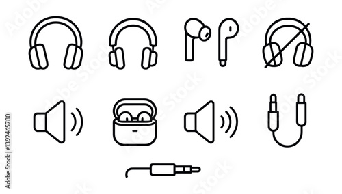 Audio equipment icon set: linear style illustrations of headphones, earbuds, and accessories