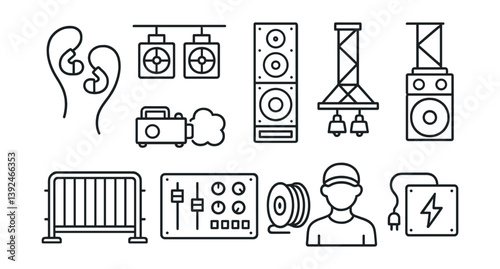 Audio equipment and event icons set: linear style collection for sound professionals