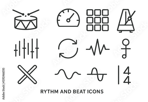 Rhythm and beat linear icons set: drums, metronome, and music waves