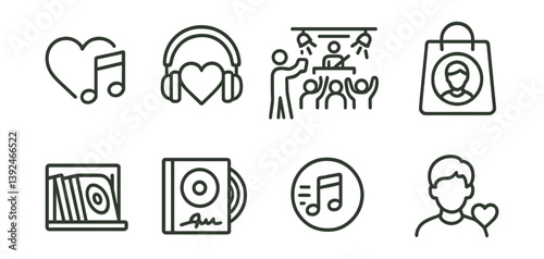 Music and party linear icon set: headphones, dj, records, and more