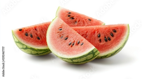 Fresh watermelon slices, vibrant red flesh, and black seeds photo
